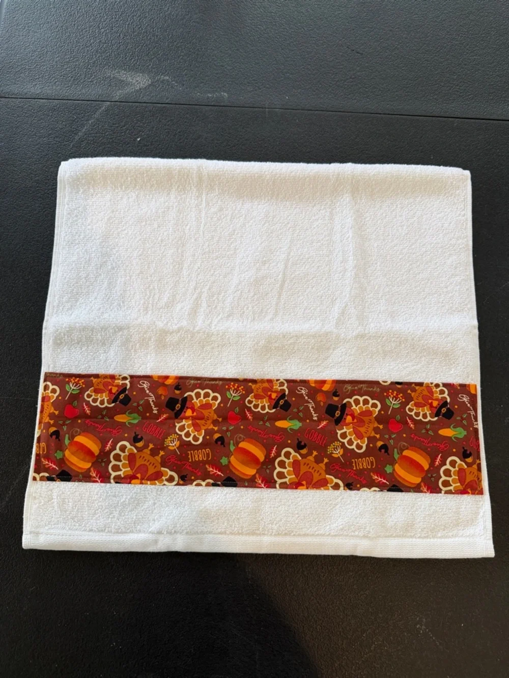 White Hand Towel with Autumn Turkey Print Accent